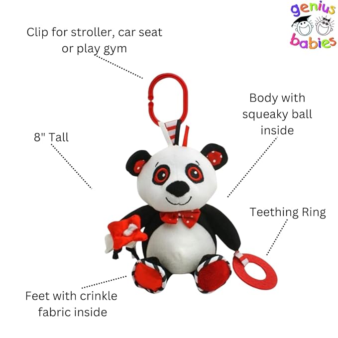 Panda Plush with High Contrast Colors, Cute Stuffed Animal Toys for Baby, Panda Toy, Teether with Clip, Multiple Textures, Taggies, Squeaky Body, Crinkle Fabric, Baby Gift, Teething Toy, 8" Tall
