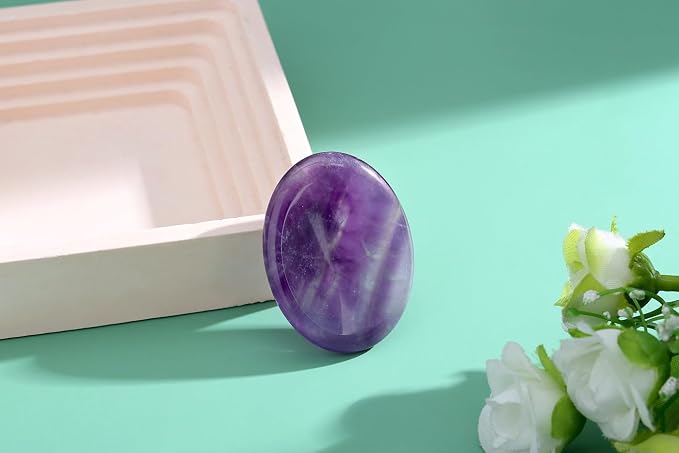 Thumb Worry Stone Amethyst Crystal Rock Crystals and Healing Stones Oval Natural Fidget Meditation Accessories Gemstones Trinkets Pocket Stress Relief Gifts Anxiety Relief Items for Women Men