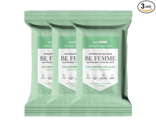 BioMiracle BE FEMME Refreshing Feminine Wipes (3-Pack, 90 Total Sheets) Cucumber & Aloe, Menopause Balance, pH Balanced, Flushable, Vegan & Cruelty-Free