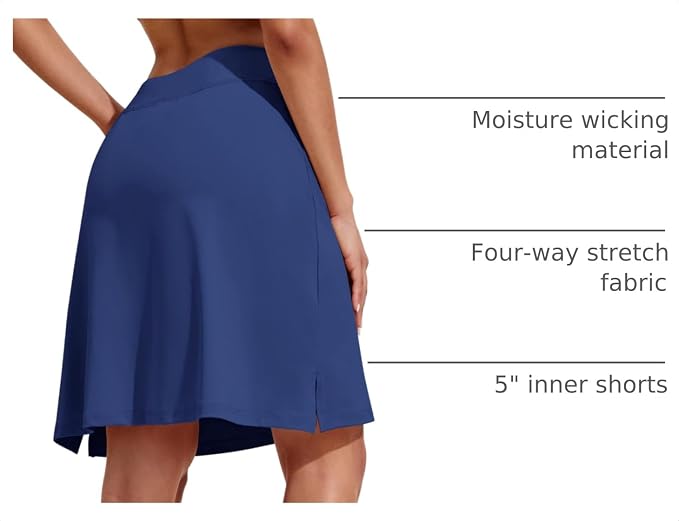COOrun Women's 20" Knee Length Skirts High Waisted Golf Skorts with Pockets | Soft, Quick Dry, Split Hem, Built-in Shorts, A-line, Modest Skirts, for Golf Athletic Tennis Work Casual
