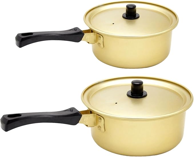 OUNONA 2pcs Gold Korean Ramen Pot Set - Large and Small Aluminum Cooking Pot with Lid - Suitable for Stovetop Noodle Soup Kitchenware