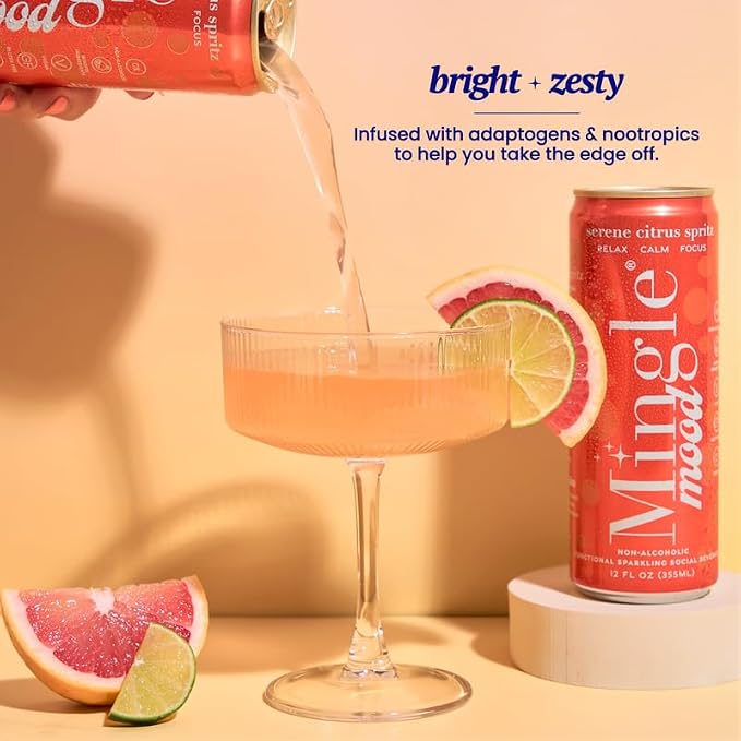 Mingle Mocktails Serene Citrus Spritz Nootropic Non Alcoholic Drinks with Ashwagandha, L-Theanine, Lion's Mane, Adaptogens, Alcohol Alternative Pre-Mixed Mocktails, Gluten Free Vegan, 24 Pack 12 fl oz