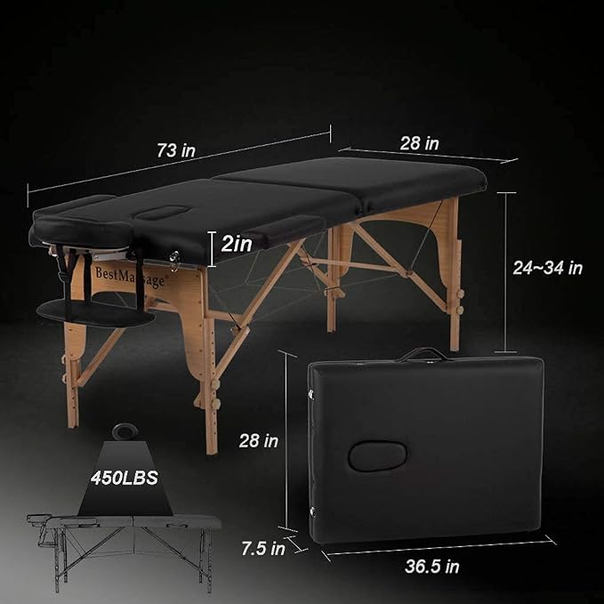 BestMassage Massage Bed Portable Massage Table 2 Folding Lash Bed Height Adjustable 28 Inch Wide Spa Table PU Leather with Non-Woven Bag for Spa Footmassage Facial CareSpa Tattoo