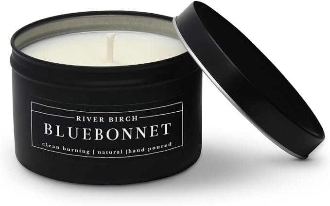 River Birch Premium, All-Natural, Non-Toxic Soy Wax | Bluebonnet Scented | 8 oz. Black Matte Tin Travel Candle | Cozy Relaxing Gifts for Home