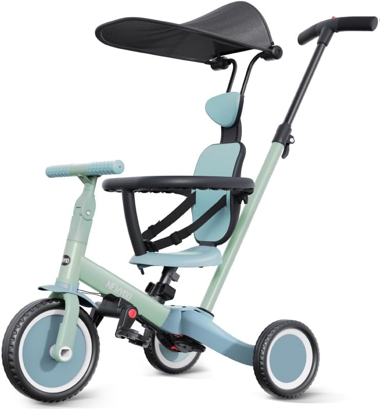 newyoo Toddler Bike, Tricycle for Toddlers 1-3, Toddler Tricycle with Push Handle and Canopy, Birthday Gift and Toys for Girl and Boy, 6 in 1 Baby Trike, Balance Bike, TR009, Green