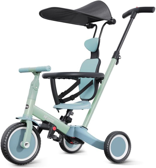 newyoo Toddler Bike, Tricycle for Toddlers 1-3, Toddler Tricycle with Push Handle and Canopy, Birthday Gift and Toys for Girl and Boy, 6 in 1 Baby Trike, Balance Bike, TR009, Green