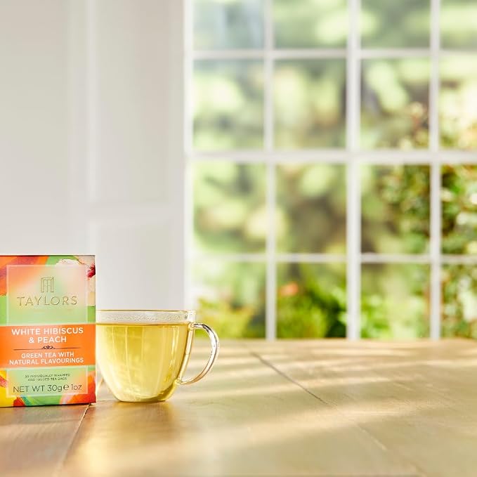 Taylors of Harrogate White Hibiscus & Peach, Green Tea Individually Wrapped Bags, 20 Count (Pack of 1), Delicate, Fruity and Sweet, Caffeinated, Enjoy Hot or Iced, 20 Teabags