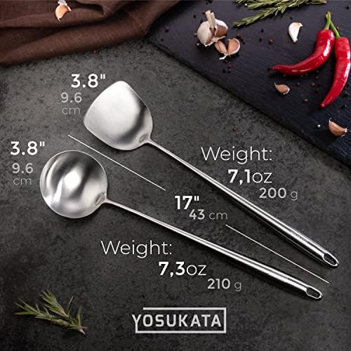 YOSUKATA Flat Bottom Wok Pan - 13.5" Blue Carbon Steel Wok + 17’’ Spatula and Ladle - Set of 2 Heat-Resistant Tools + Wok Lid 12.8 Inch