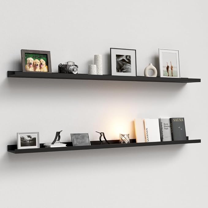 Boswillon Floating Shelves Set of 2, Long Wall Shelf with Lip, 56in, Black | Display Ledge Shelf for Room Wall, Wall Decor Shelves for Bathroom, Living Room, Bedroom, Kitchen, Nursery Room, Modern, Wood
