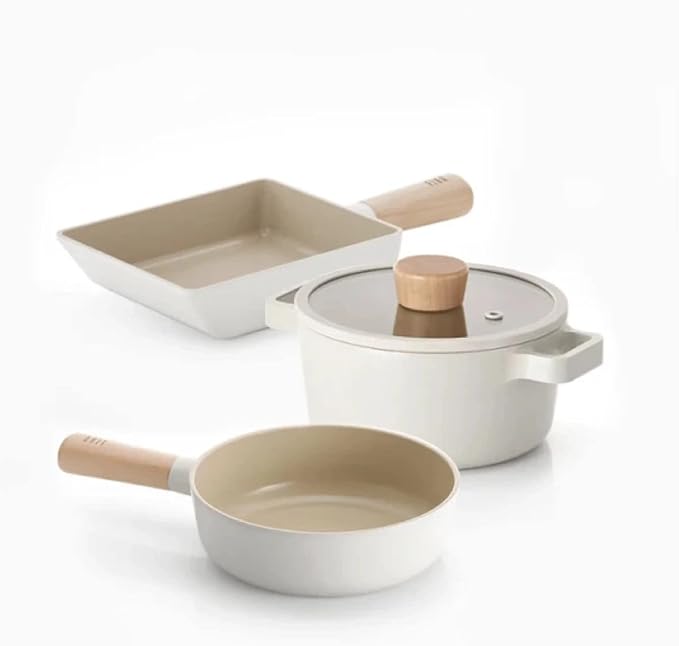 Neoflam FIKA 4-Piece Mini Cookware Set for 1–2 People, Includes Egg Pan, Petit Wok and Small Pot with Shared 18cm Glass Lid, Ceramic Nonstick, Induction Compatible, All Stovetops, Made in Korea