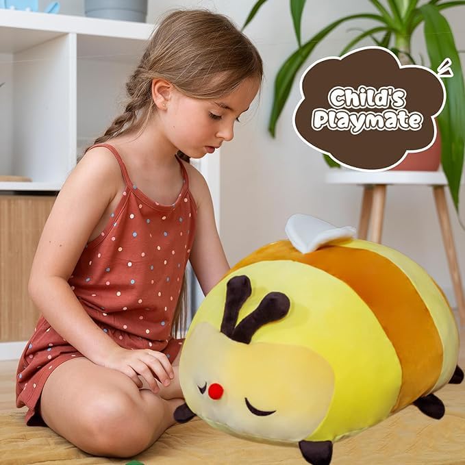 ELAINREN Cuddly Big Bee Plush Body Pillow Ultra-Soft Bumble Bee Stuffed Insect Toy Fluffy Garden Honeybee Plushie Cushion Decor Gifts/23.6''