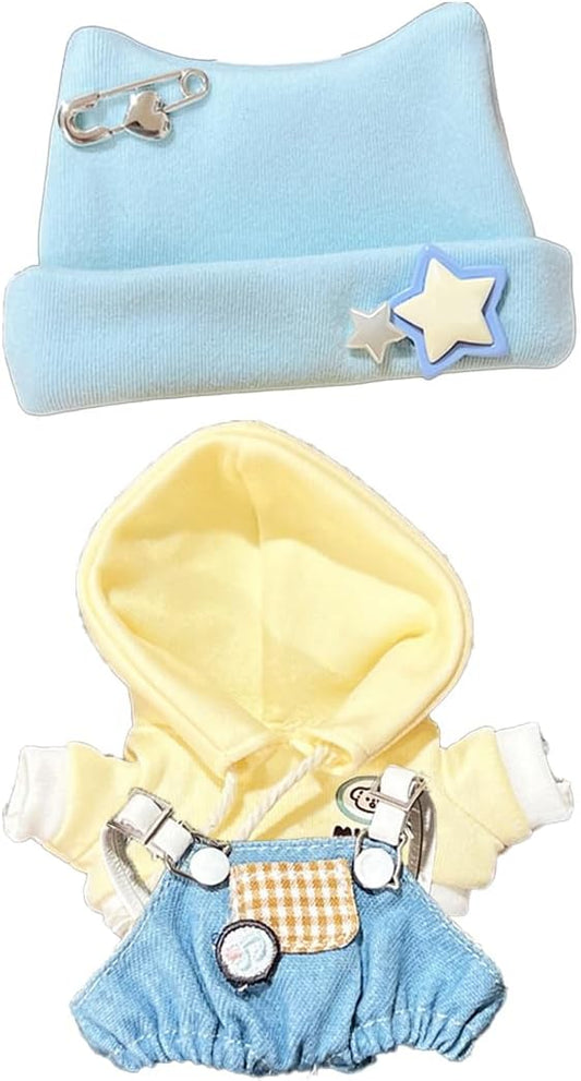 Cute Doll Clothing Set Includes Hat Sweater Doll Clothing with Star and Bear Pins Clothing for 6.7 inch Doll (Blue Sweater Overall)