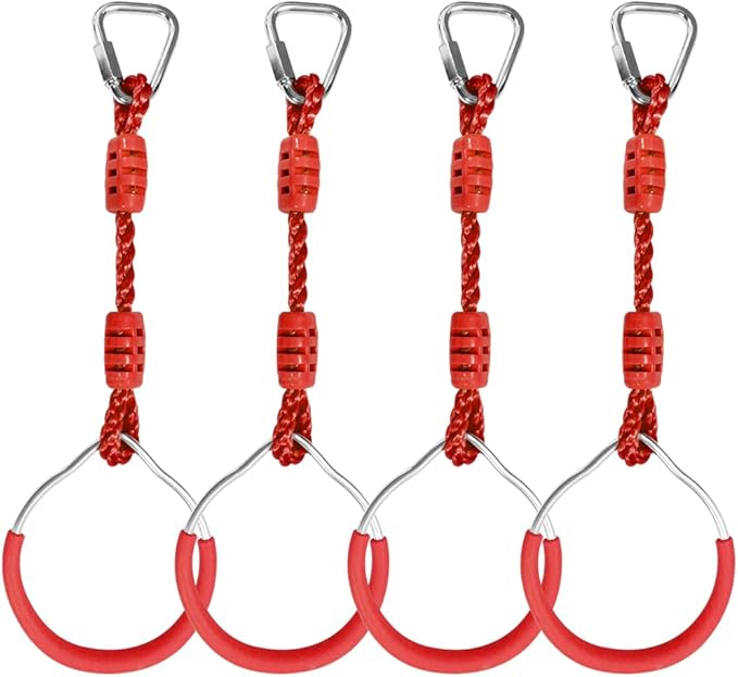 Backyard Ninja Ring Hang Gymnastic Fist Swing Monkey Bar Playground Equipment Climbing Attachment Playground Play Set, 4 Red Obstacle Course Fit Rings Jungle Gym Slackline Warrior Training Equipment