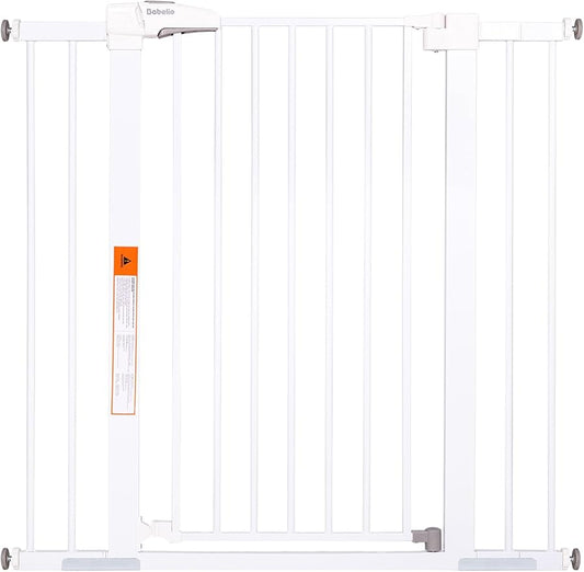 BABELIO 36" Tall Dog Gate PressGuard C5, 26-40" Wide Auto Close Baby Gate, Pressure Mounted Metal Pet Gate, Easy Install No Drilling, No Tools Needed, with Wall Protectors and Extension Kits, White