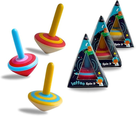 Lattooland Wooden Set of 3 Spinning Tops for Kids | Multicolor & Child-Safe Montessori | Educational Kindergarten Toys | Classic Lattoos | Flip Tops Gyroscope for Toddlers | Birthday Return Gift | 3+