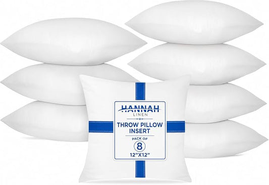 Hannah Linen Throw Pillow Inserts 12x12 – 8 Pack Square Decorative Pillow Insert for Couch, Sofa & Bed, Soft Fluffy Polyester Filled Cushion Stuffers, Indoor Home Decor Pillows