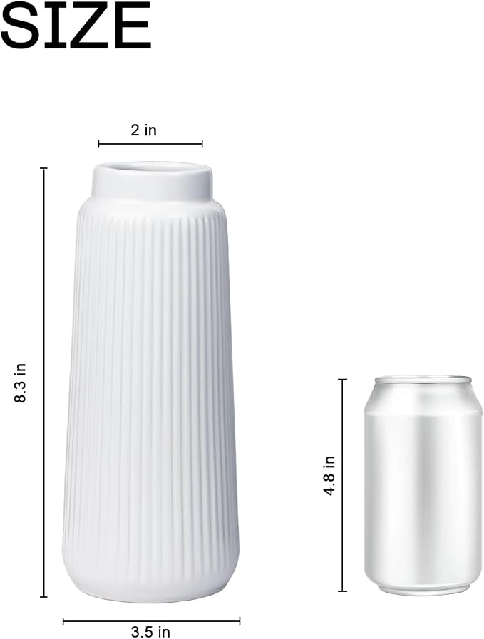 White Ceramic Vase, 8 Inch Conical Flower Vase with Narrow Mouth for Pampas Grass, Modern Tapered Decorative Vase for Home Decor, Living Room Table, Shelf