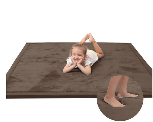 Large 79"x110" Baby Activity Play Mat for Floor,1.3" Thick Elasti Foam Cushion Mat for Tummy Time & Crawling,Non-Slip&Safe for Infants,Toddlers & Kids, for Living Room,Classroom & Playroom（Dark Brown)