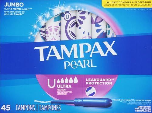 Tampax Pearl Tampons for Women, with LeakGuard Braid, Ultra Absorbency, Unscented, 45 Count (Pack of 6)