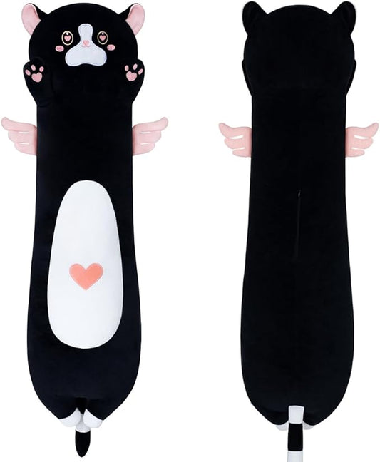 Long Plush Toy Cat Pillow Cute Plush Cat Toy Doll Stuffed Animal Cat Hugging Pillow for Sleeping Gift for Kids and Girls(Black&Pink,90cm/35.4in)