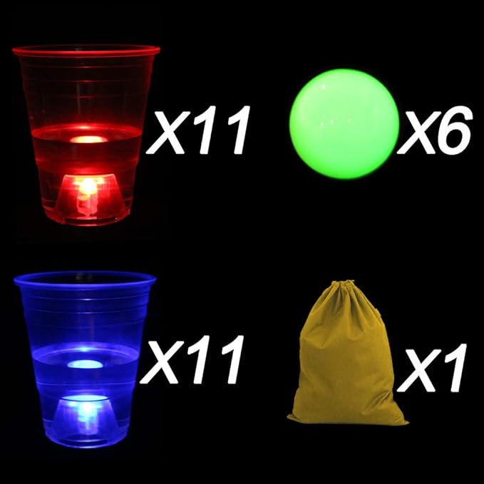 Ahuimeius The Dark Beer Pong Set, LED Beer Pong Cups with Glow-in-the-Dark Balls, 22 Cups, 22 LED Lights (11 Red, 11 Blue), 6 Balls, Glow Party Game Set
