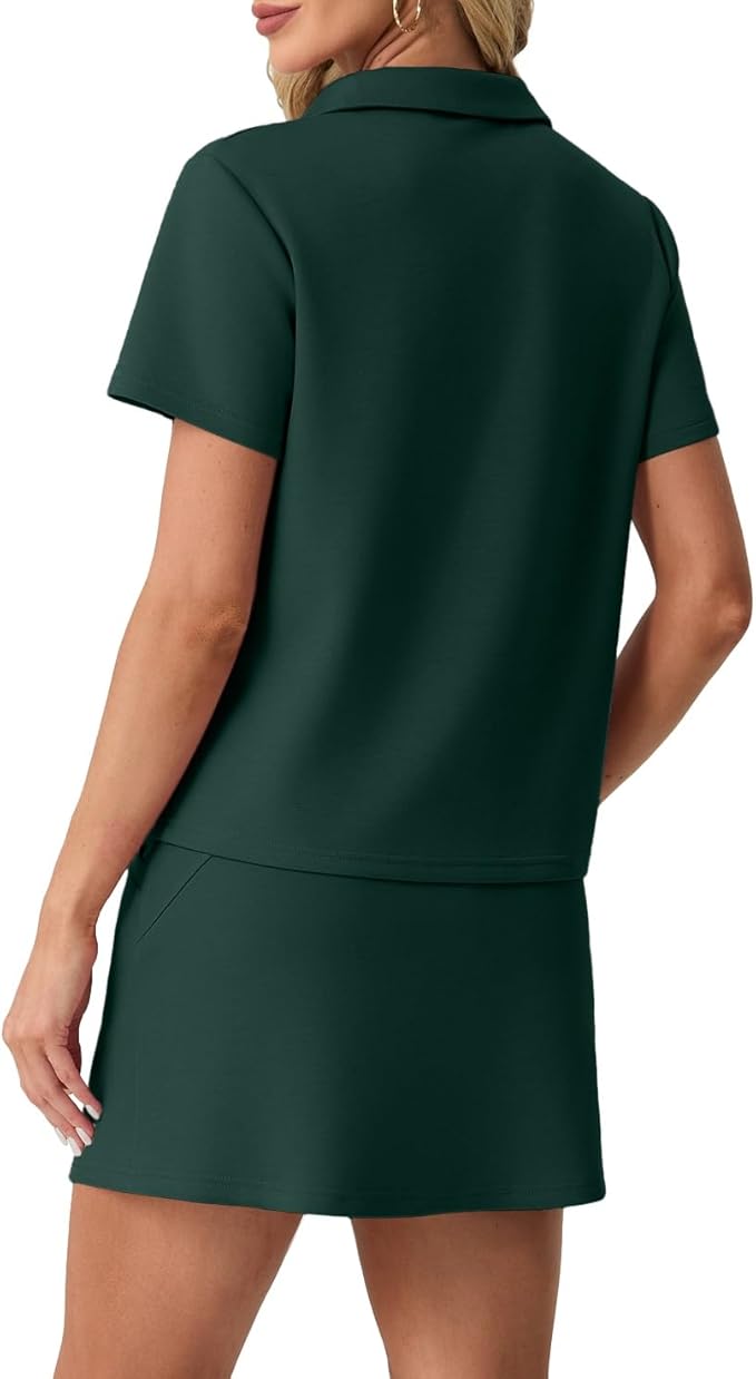GRECERELLE Women's Summer 2 Piece Skort Set Half Zip Short Sleeve Top & Pocketed Tennis Skirt For Sports & Vacations.