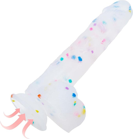 10 Inch Confetti Huge Thick Big Long Dildo - Giant Soft Real Penis Anal Dildo with Strong Suction Cup, Flexible with Curved Shaft and Balls for Vaginal G-Spot and Anal Prostate