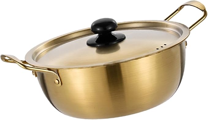 Korean Ramen Pot Stainless Steel Noodle Cooking Pot with Lid Induction Cooker Lightweight Golden Soup Pot Double Handle Suitable for Camping Hiking Pi, 20cm