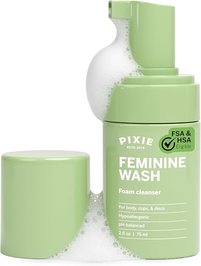 Pixie Feminine Wash – Foaming Cleaner with Natural Ingredients – More Foam Wash in Bottle Than Other Brands – pH Balanced & Plant Based – For Your Menstrual Cups and Discs, TSA Approved 2.5 fluid oz