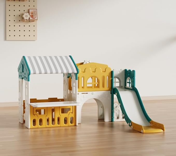 Playground Playsets Outdoor Playhouse 10 in 1 Toddler Slide with Rock Climber with Basketball, Hoop, Storage, playroom Upgraded