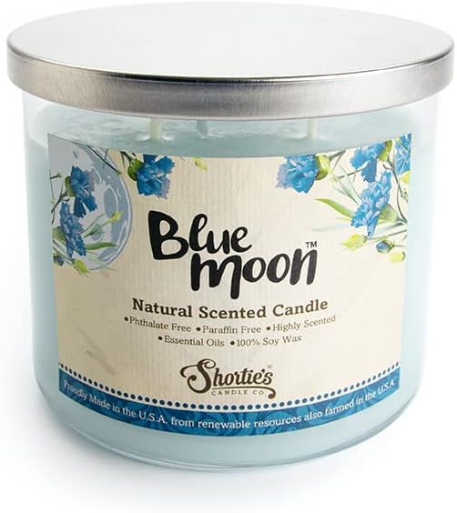 Blue Moon Scented Natural 3 Wick Candle, Essential Fragrance Oils, 100% Soy, Phthalate & Paraben Free, Clean Burning, 14.5 Oz.