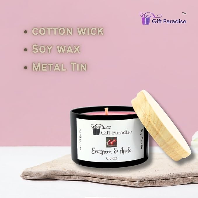 Evergreen & Apple Soy Wax Candle in Black Metal Tin, 6.5 oz, Cotton Wick, White Fir, Forest Apple