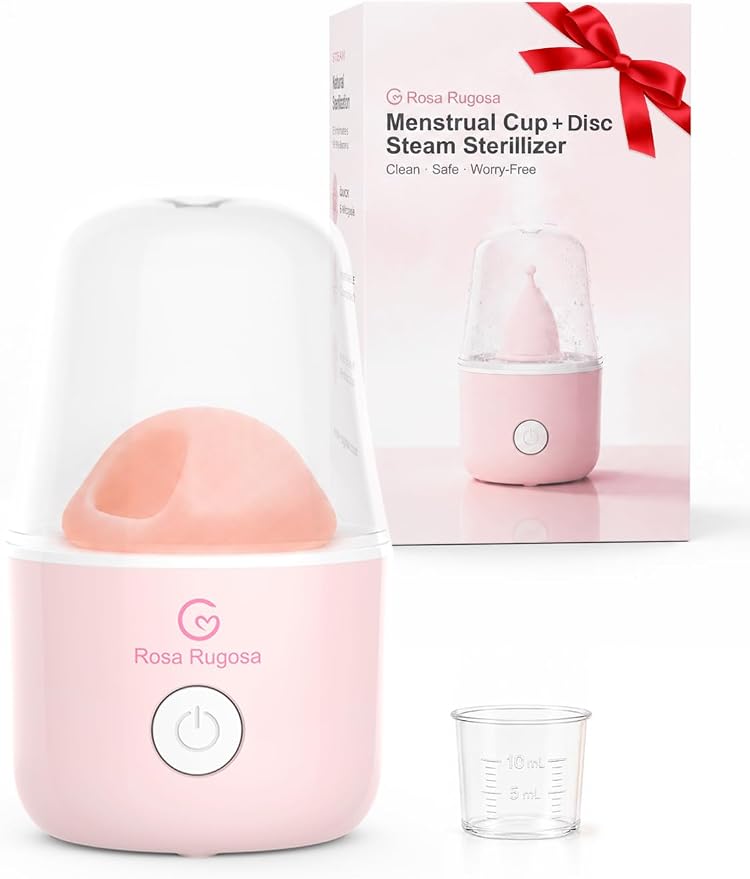 ROSA RUGOSA Menstrual Cup Sterilizer Fits Menstrual Cups and Disc, See-Through Design, Includes Measuring Cup, Auto Shut Off, for Home, Dorm and Travel