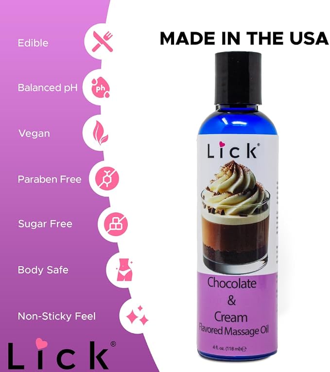 Lick Chocolate and Cream Massage Oil – Smooth Dessert-Inspired Edible Massage Oil with Almond Oil & Vitamin E, Luxurious Glide for Couples Massage, 4 oz