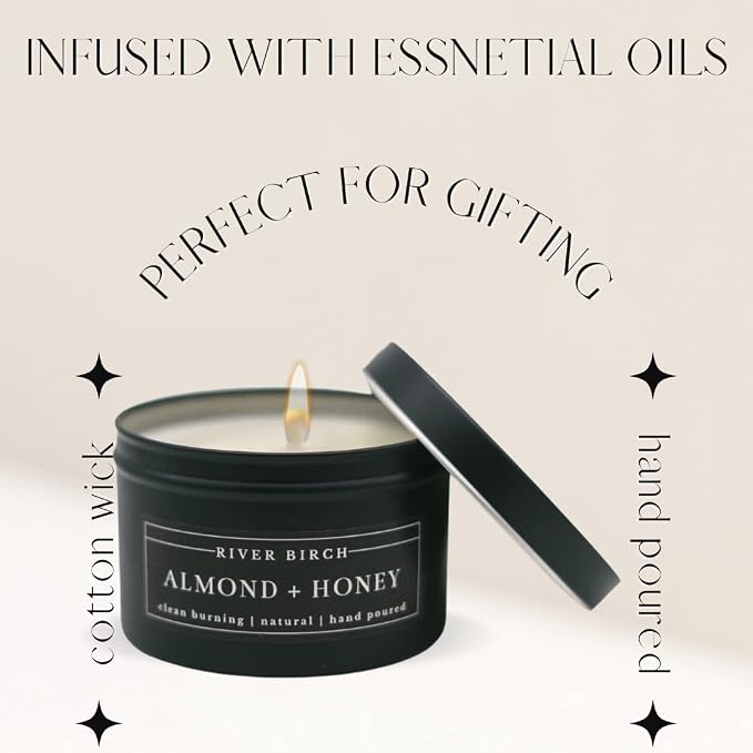 River Birch Candles Almond + Honey Scented Candle | Premium, All-Natural, Non-Toxic, Soy Candles | 8 oz. Black Matte Tin Travel Candle | Cozy Relaxing Gifts for Home