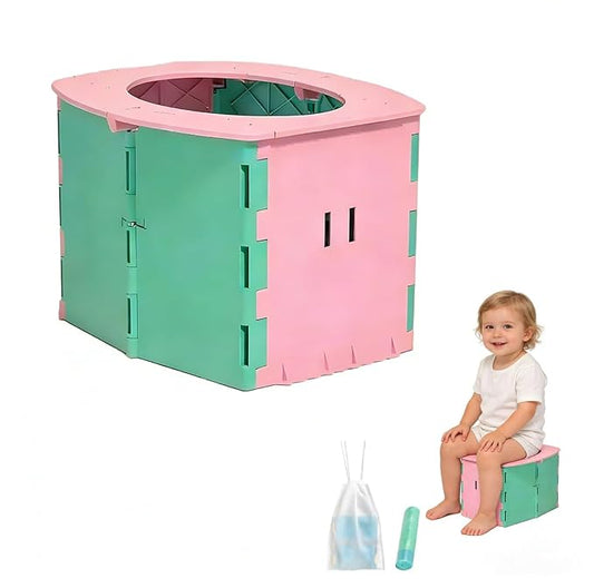 Portable Potty Seat for Toddler Foldable Travel Potty Training Toilet Seat with Cleaning Bags Reusable for Outdoor Camping, Travel potties (Pink+Green)