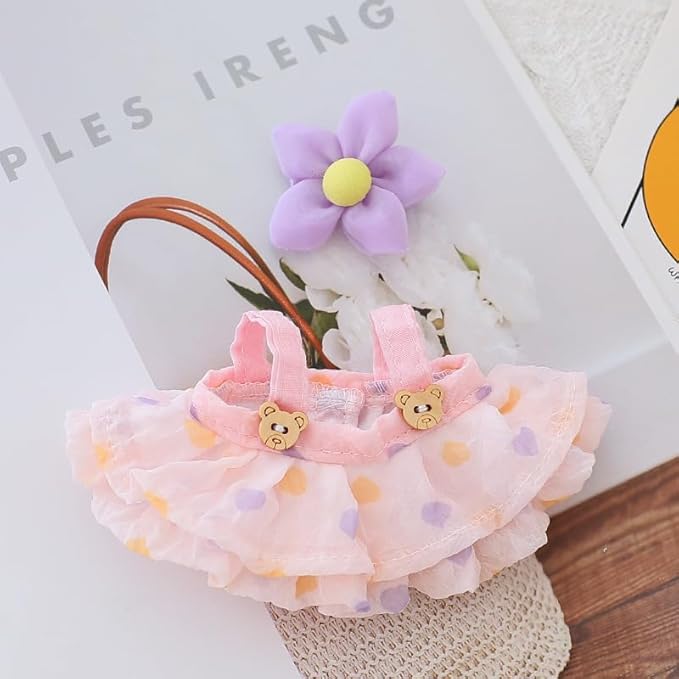 17 cm Doll Summer Outfit – Dress with Straw Hat & Matching Hair Clip – Clothes & Accessories for 6.7″ Dolls (Doll Not Included) (Pink)