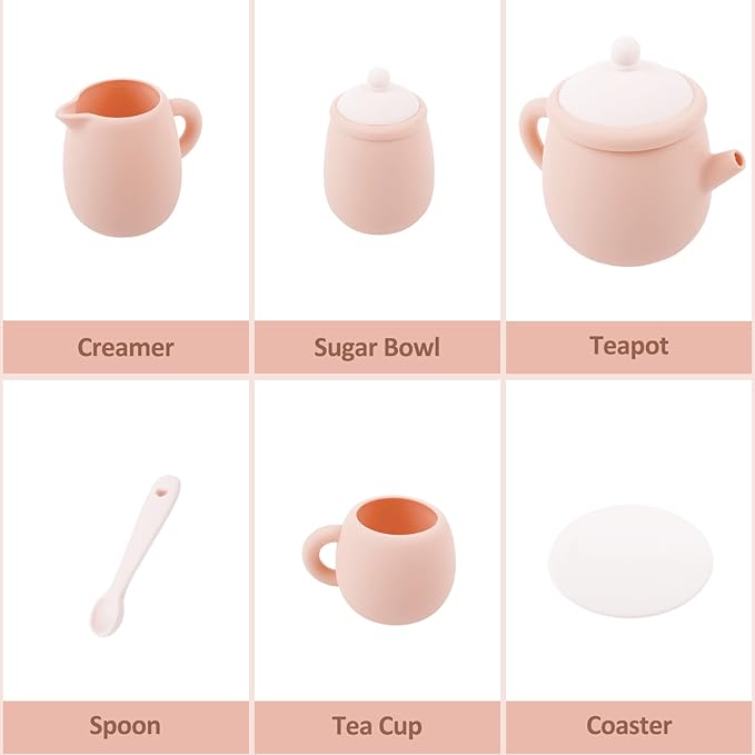 MCGMITT Silicone Tea Party Set, Toy Tea Set for Toddlers Kids, Includes Teapot, 4 Tea Cup and Coasters, Creamer, Sugar Bowl, 4 Spoon, Dishwasher Safe Pretend Teapot Set for Girls Boys Birthday Gifts