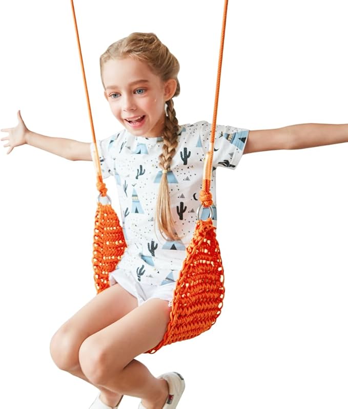 Hand-Knitting Kids Swing, Indoor Outdoor Portable Tree Swing Seat,Adjustable Ropes, with Hanging Strap and Snap Hook for Camping Hiking Backyard Playset and Playroom, Easy Install(Orange)