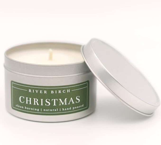 River Birch Candles Christmas Scented Candle | Premium, All-Natural, Non-Toxic, Soy Candles | 8 oz. Silver Tin Travel Candle | Cozy Relaxing Gifts for Home, White
