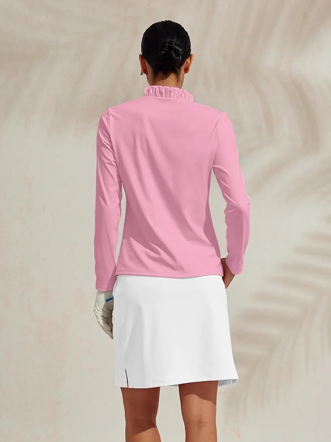 ACEGOLFS Womens Golf Polo Shirts Casual Ruffle V Neck Long Sleeve Tops for Women UPF 50+ Rash Guard Ladies Pullover Shirt