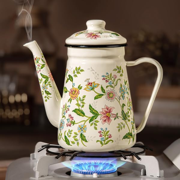 Enamel Tea Kettle – 1.2L Stovetop Teapot with Vintage Floral Pattern, Kettle for Stove, Ideal Small Tea Kettle for Gas & Induction Cooktops