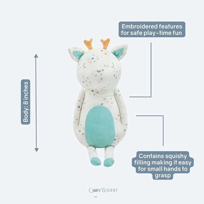 GooseWaddle Super Soft Printed Plush Adorable Stuffed Animal for Kids, Doll, and Reindeer Lovers for Playtime and Cuddles (10" When Sitting) (Leo Reindeer)