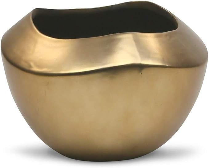 WGV Ceramic Bowl Vase, Width 10", Height 7", Rippled Gold Pot, Large Mantel Planter Centerpiece for Wedding Event Office Home Decor, 1 Piece