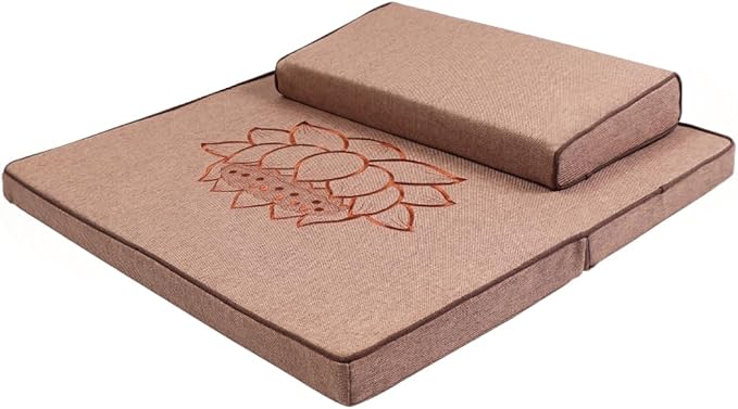 Portable Foldable Meditation Cushion Mat Set with Washable Cotton Linen Cover, Larger Thick Yoga Mat Bolster Floor Pillows Seating for Adults Meditation Accessories coffee-80cm