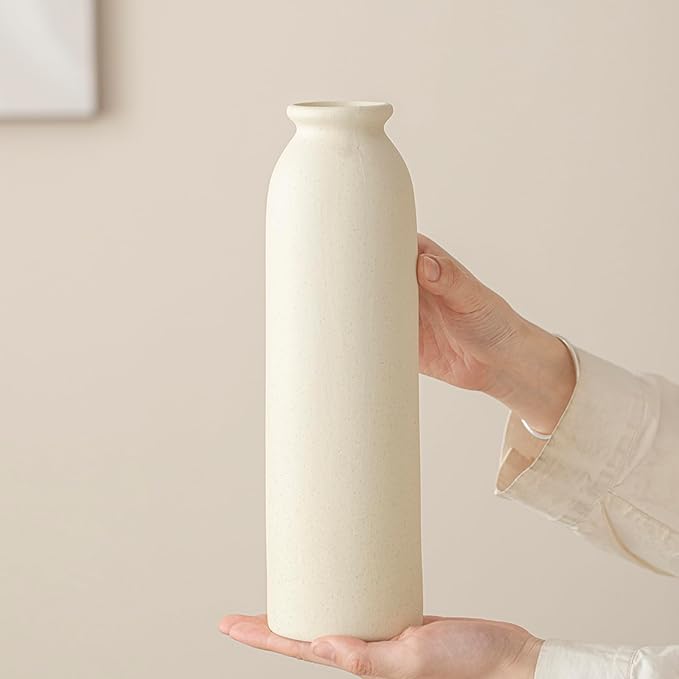 10.4 inches Tall Decorative Ceramic Vase Set, 3 Pieces, 10 inches Nordic Modern Style, White, Farmhouse Home Boho Shelf Decor(Beige L)