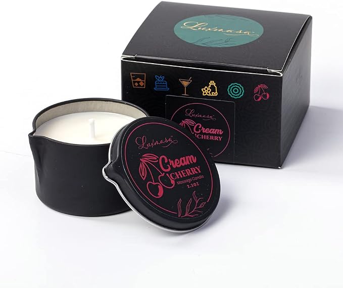 Soy Wax Body Massage Oil Candle, Cream Cherry Scent, 2.35 OZ | All Natural, Relaxation & Skin Care, Home Scented Aromatherapy, Gift Set