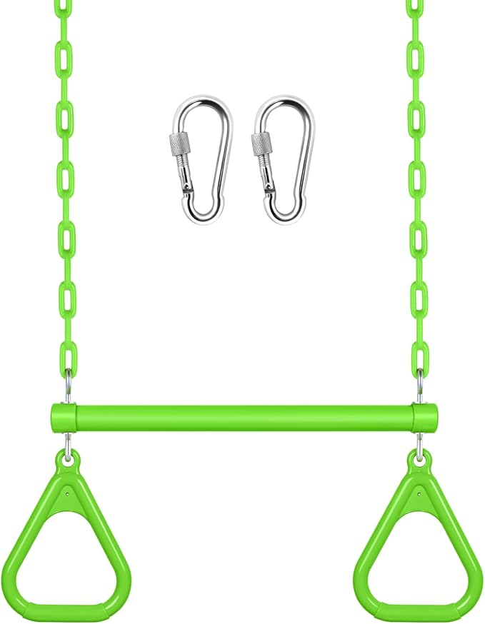 LadyRosian 17" Trapeze Bar Swing Set Gym Rings 47" Heavy Duty Chain Swing Set Accessories with Locking Carabiners Plastic Coated Chains Monkey Bars for Backyard, Playroom (Apple Green)