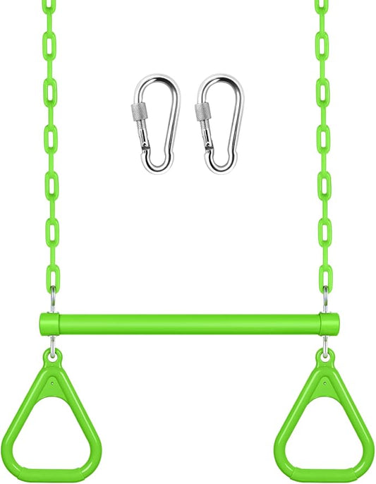 LadyRosian 17" Trapeze Bar Swing Set Gym Rings 47" Heavy Duty Chain Swing Set Accessories with Locking Carabiners Plastic Coated Chains Monkey Bars for Backyard, Playroom (Apple Green)