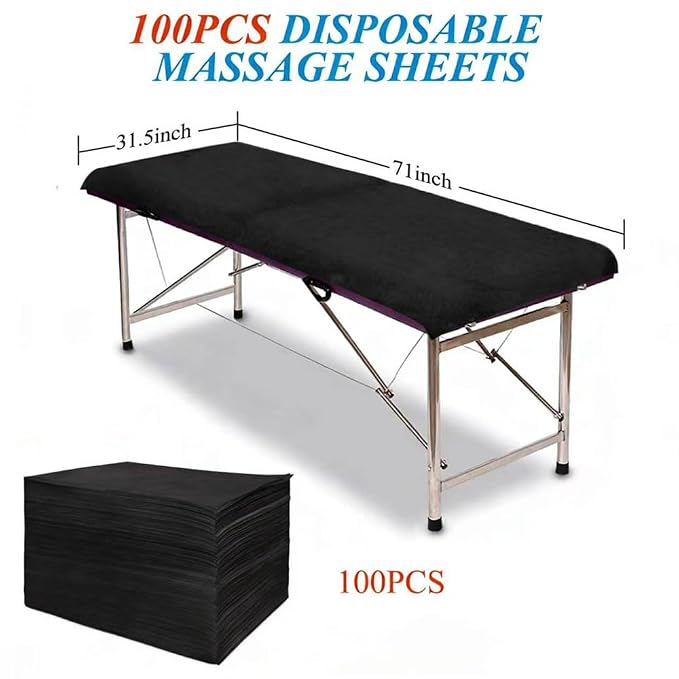100Pcs Disposable Bed Sheets 31.5"x71"Coated Non-Woven Massage Table Sheets,Waterproof & Oil-Proof,Hygienic & Comfortable for Massage,Tattoo,Beauty,Spa,Breathable & Durable(Black)